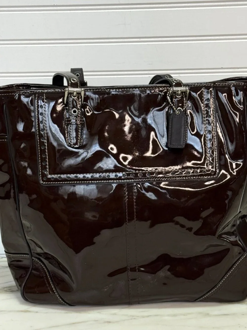 Coach Mahogany Patent Leather Gallery Tote Shoulder Bag Zip Top Large - Picture 7 of 8